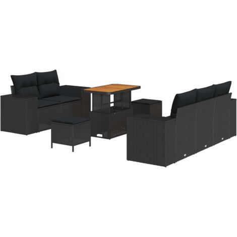 Ensemble Canapé Jardin 8 Places Noir Polyrotin avec Coussins et Table Modulable