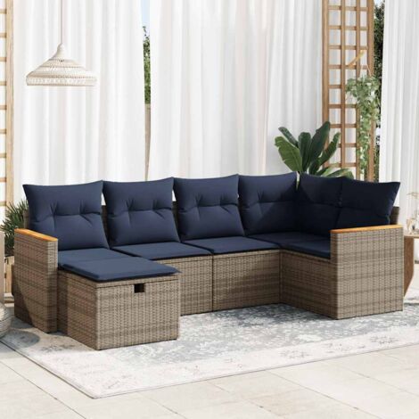 Ensemble Canapé Jardin Gris Polyrotin Résine Tressée 6 Pièces (2 Centrales + 1 Coin + 2 Accoudoirs + 1 Pouf) avec Coussins Marine et Rangement