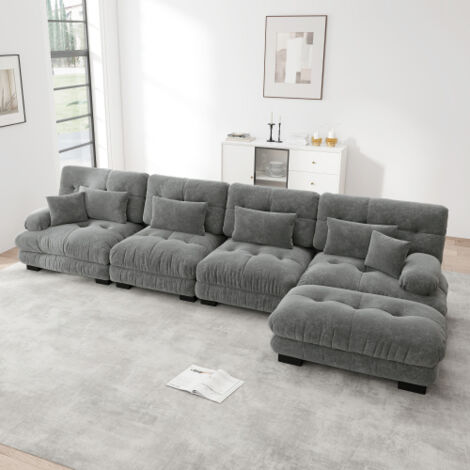 Ensemble Canapé Modulable Forme L 4 Places Canapé Nuage Tissu Chenille Grise Avec Pouf Amovible Combinaison Personnalisable Sobri et Confortable pour Salon
