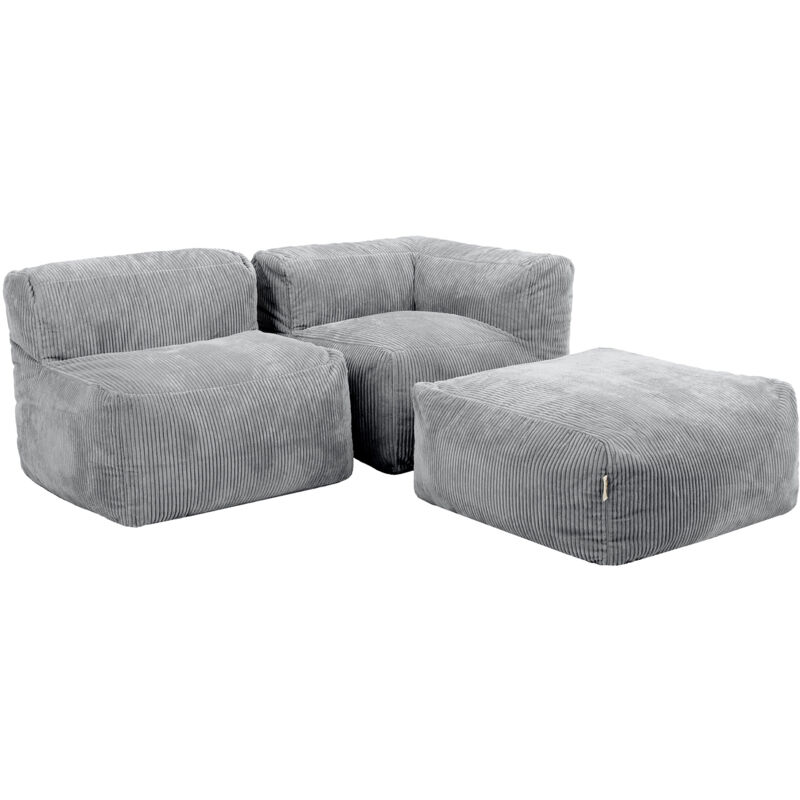 Ensemble canapé poufs 3 pièces : angle, fauteuil et repose-pieds Zen, Grey, oeko-tex