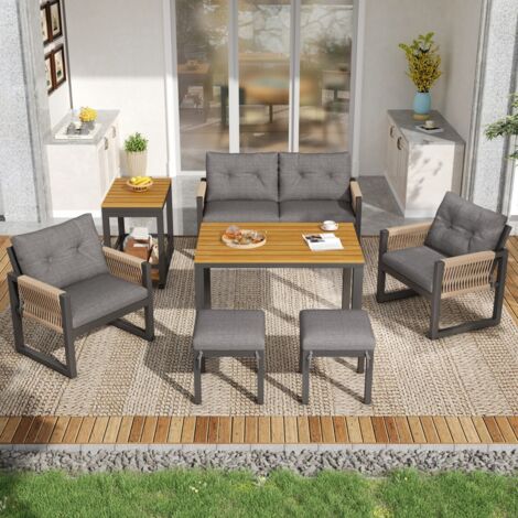 Ensemble canapés d'extérieur modernes, structure en fer, accoudoirs tressés, coussins inclus, table multifonctionnelle 150x79,5x75 cm - Gris, Naturel