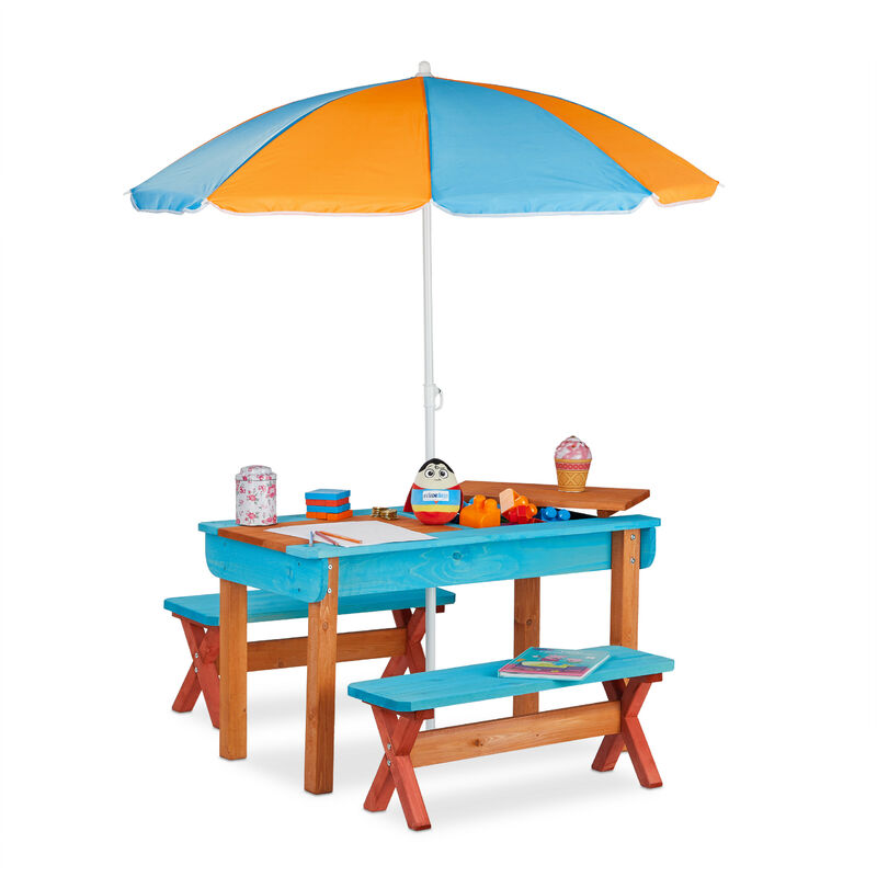 Ensemble chaise et table de jeux enfant jardin, en bois, table, 2 bancs et parasol, meuble extérieur, coloré - Relaxdays