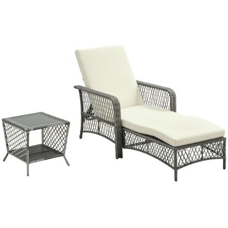 Ensemble chaise longue et table basse en rotin PE blanc crème