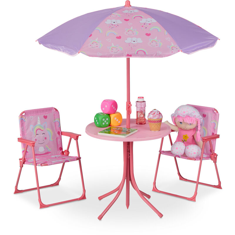 Ensemble chaise table de camping, pour enfants, meubles, avec parasol, pliables, motif licorne, jardin, rose