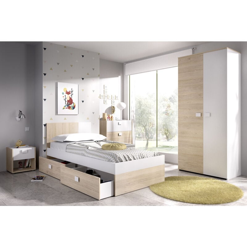 Ensemble chambre à coucher complète ( lit adulte 190x90 cm avec 2 tiroirs + table de chevet + armoire + commode ) coloris blanc, chêne naturel