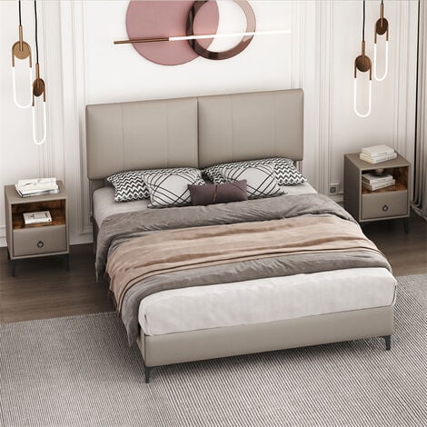 Ensemble chambre à coucher - lit 140x200cm lit double en PU moderne tête de lit avec boutons et motif en losange avec 2xtable de chevet - gris clair