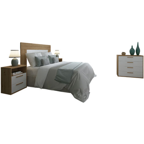 Ensemble chambre adulte ( tête de lit + chevet +  commode ) coloris chêne Albar /blanc