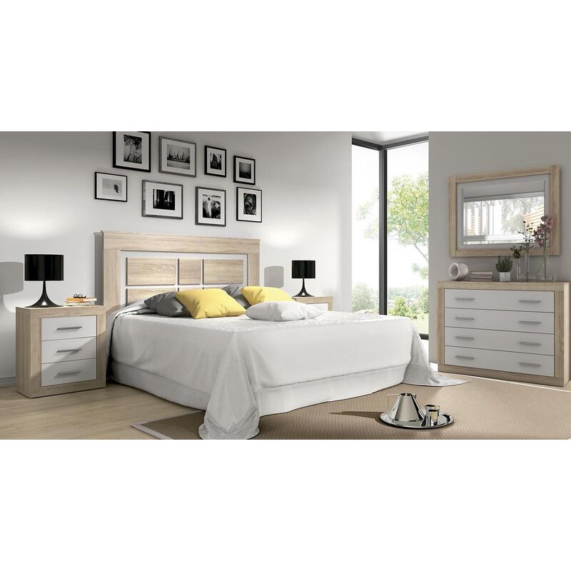 Ensemble chambre à coucher, tête de lit + 2 tables chevets + commode + miroir mural coloris Chêne cambrian, blanc -PEGANE-