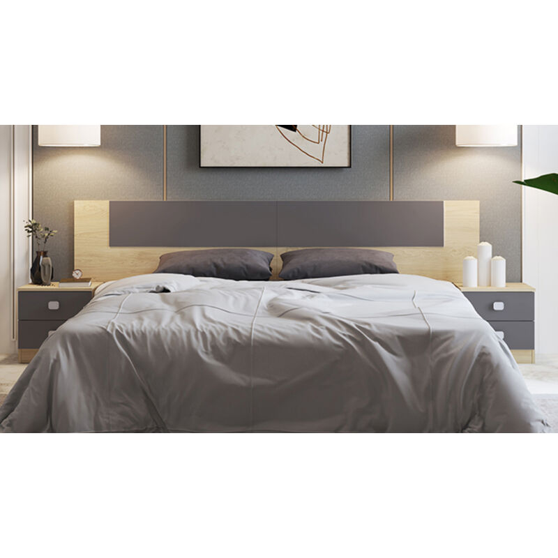 Pegane – Ensemble chambre complète avec tête de lit et 2 tables de chevet – Panneau de particule mélaminé puccini graphite – Dimensions tête de lit