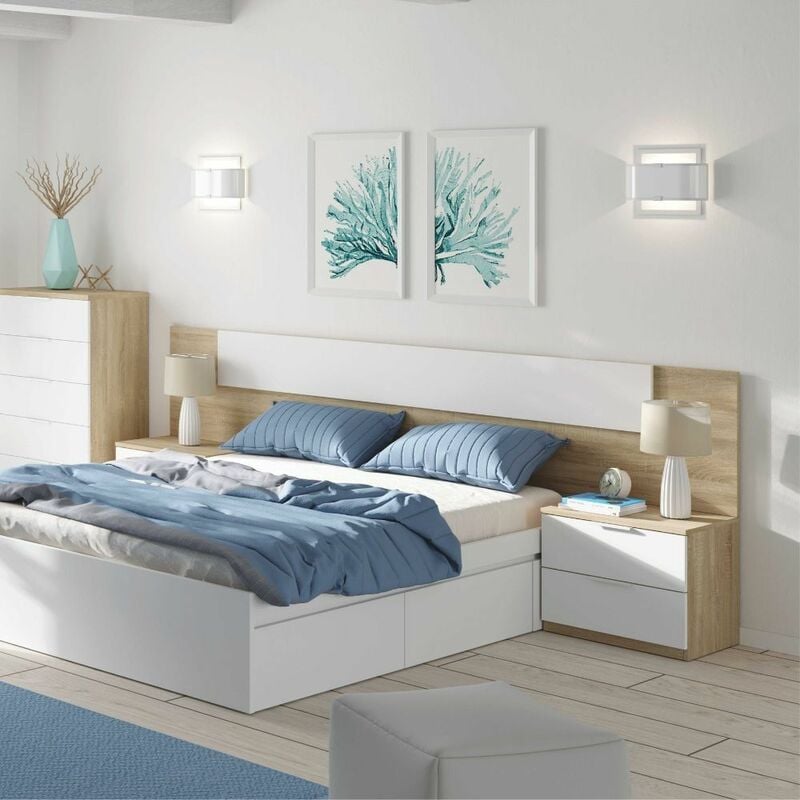 Chambre double Alaya, tête de lit avec deux tables d'appoint 247 cm (largeur) x 95 cm (hauteur) x 38 cm (profondeur) - Chêne Canadien - Artik Blanc