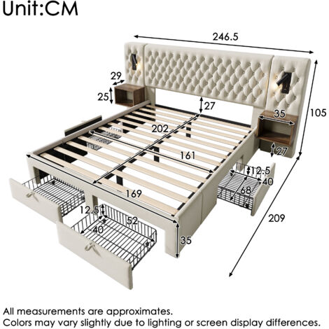Ensemble chambre lit double 160×200cm velours beige,2 tables de chevet + 4 tiroirs,lampe lecture USB tête de lit,sans matelas