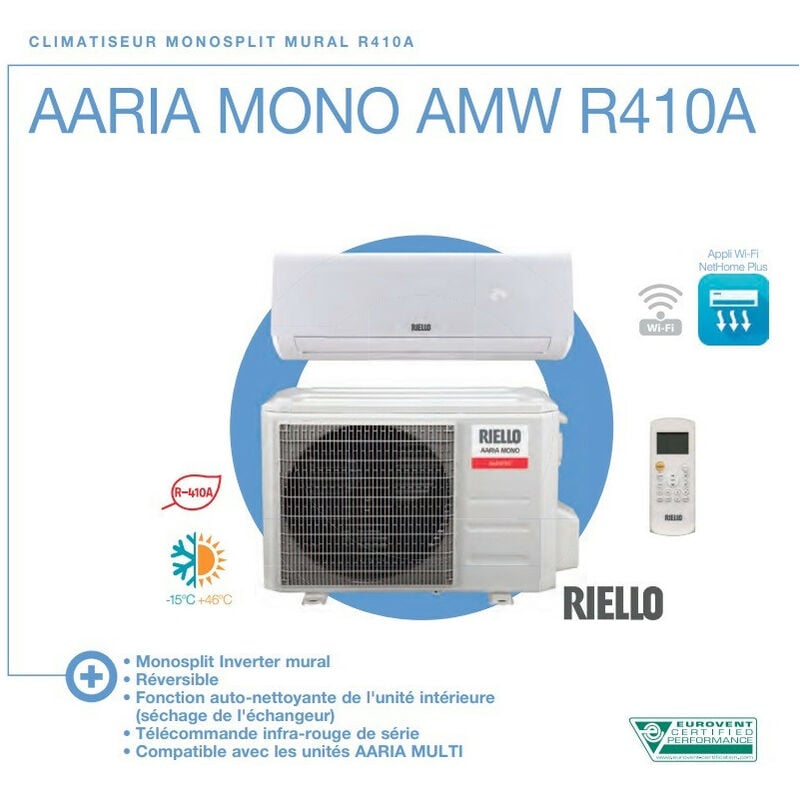 Riello - Ensemble climatisation 5KW monosplit dc Inverter complet (ui + ue) R410A 230V 18000BTU pour 50m2 aaria