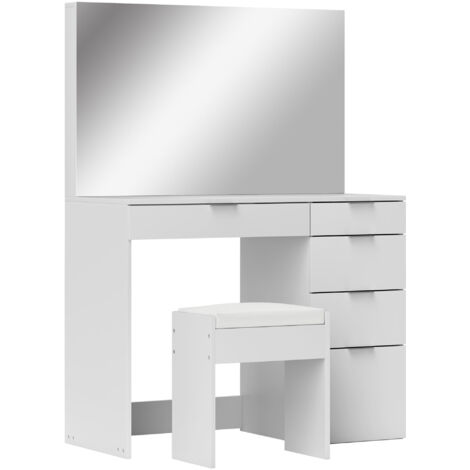 Ensemble coiffeuse avec miroir et 5 tiroirs 97,2 x 44,5 x 136,5 cm et tabouret rembourré 40 x 24 x 46 cm, blanc