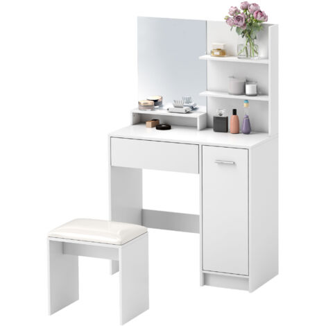 Ensemble coiffeuse avec miroir et tabouret, tiroir, armoire étagère réglable pour la chambre 80l x 40P x 132H cm, blanc