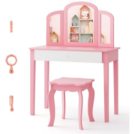 Ensemble coiffeuse et chaise avec miroir pliable pour enfants table et tabouret de maquillage de style princesse Rose et Blanc