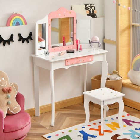 Ensemble Coiffeuse et Tabouret Enfants, Miroir à 3 Volets Amovible, Table de Maquillage avec Tiroir Blanc CW80027