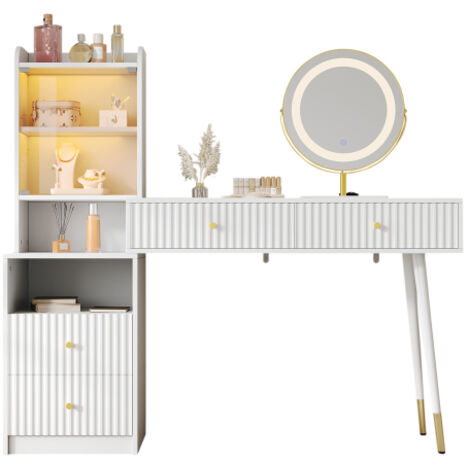 Ensemble coiffeuse LED tricolore miroir, 4 tiroirs, armoire éclairée porte vitrée, rangement ouvert - Blanc - 100x40x125 cm (sans tabouret)