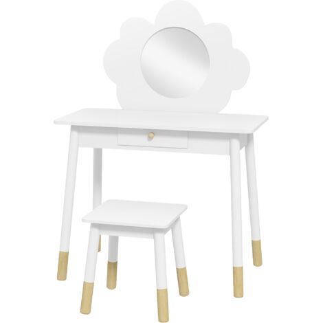 Ensemble coiffeuse pour enfant avec tabouret, coiffeuse 2 pièces pour enfants de 3 à 6 ans, miroir forme de nuage, blanc