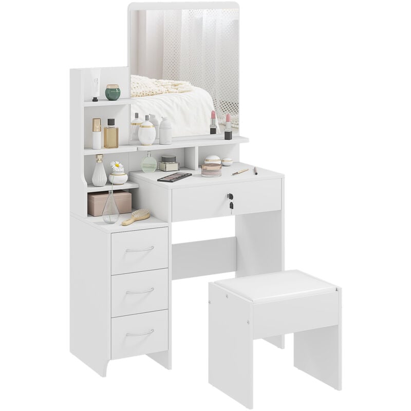 Ensemble coiffeuse tabouret design contemporain multi-rangement 4 tiroirs 4 étagères grand miroir blanc