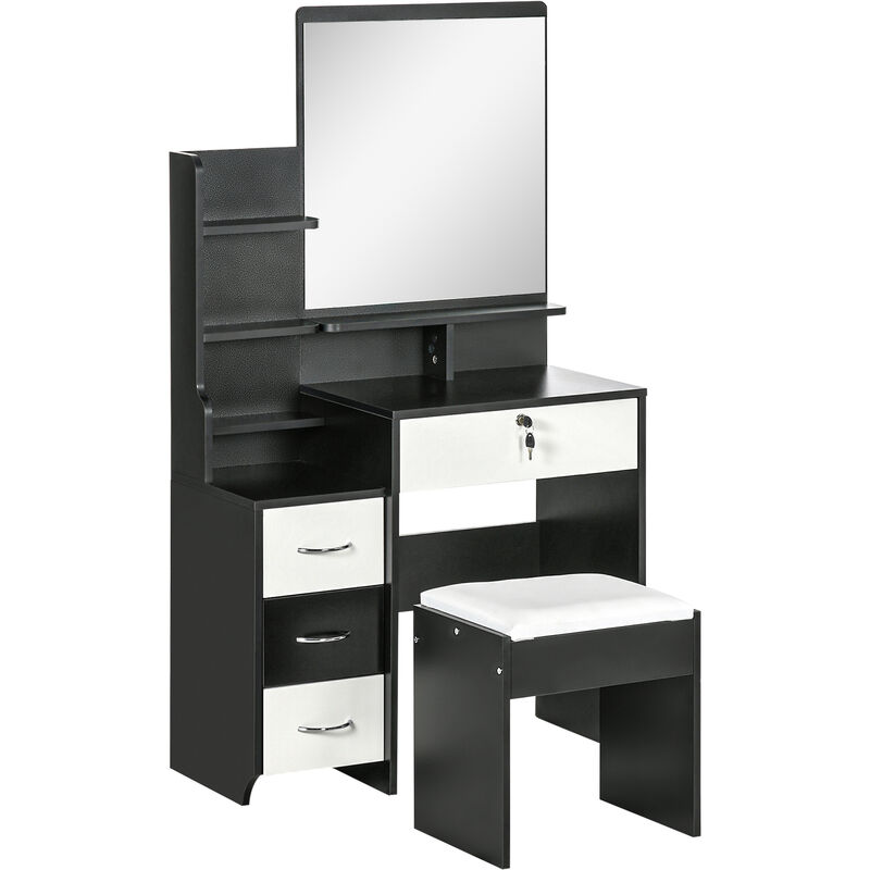 Ensemble coiffeuse tabouret design contemporain multi-rangement 4 tiroirs 4 étagères grand miroir noir blanc