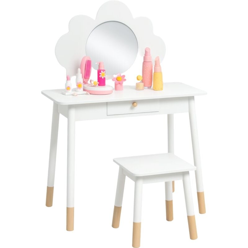 Ensemble coiffeuse tabouret enfant style nordique motif nuage - miroir rond, tiroir - mdf effet bois clair blanc