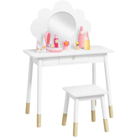 AIYAPLAY Ensemble coiffeuse tabouret enfant style nordique motif nuage - miroir rond, tiroir - MDF effet bois clair blanc