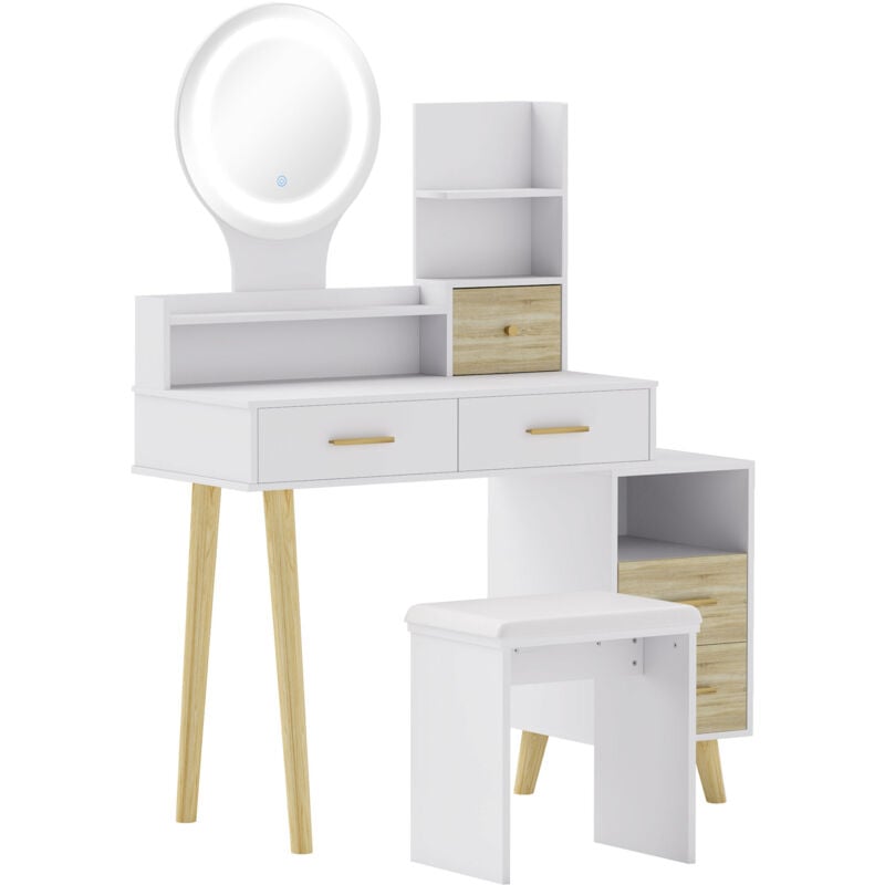 Homcom - Ensemble coiffeuse tabouret miroir led réglable - 5 tiroirs, 3 étagères, niche - bois blanc