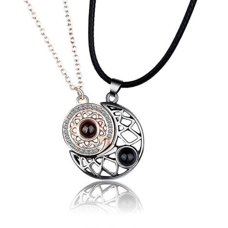Ensemble collier et pendentif soleil et lune en or rose et noir canon de fusil