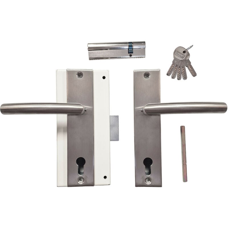 Ensemble Complet 1/ pr Porte en remplacement fichet :Serrure mottura + Cylindre 30 x 80 /5 Clés+ Poignées inox 304'Sans Souci' Gauche