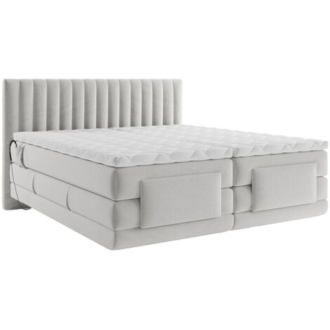 Ensemble complet boxspring tête de lit coutures verticales + sommiers relaxation électrique + matelas + surmatelas - 2 x 90 x 200 cm - Velours - Gris clair - DONISI de PALACIO