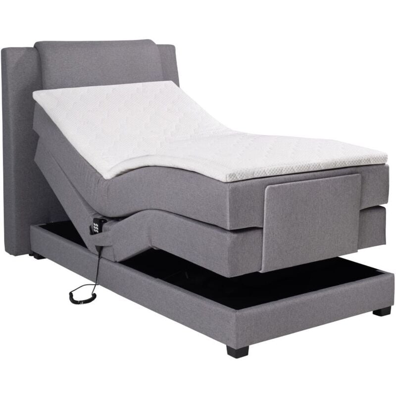 Vente-unique - Ensemble complet boxspring tête de lit + sommiers relaxation électrique + matelas + surmatelas - 100 x 200 cm - Tissu - Gris clair