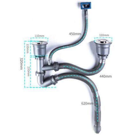 Ensemble complet de bonde pour évier de cuisine à double cuve en acier inoxydable avec raccord de tuyau de vidange de 110 mm de diamètre
