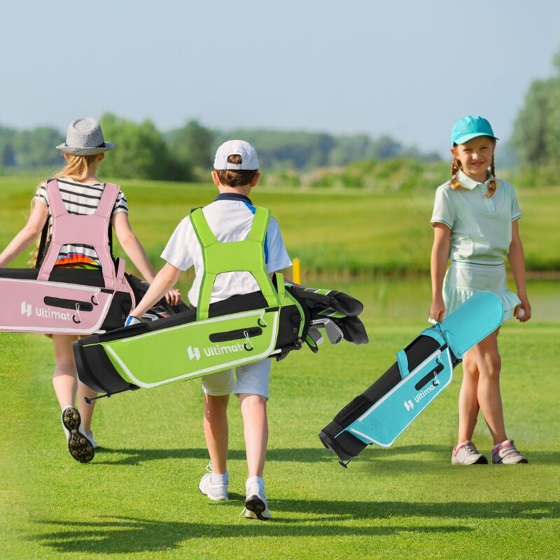 Ensemble Complet de Clubs de Golf Junior pour Enfants de 11 à 13 Ans Driver 1 Hybride 5 Fers 7 9 S et Putter Sac Trépied avec Capuche Anti-pluie Bleu