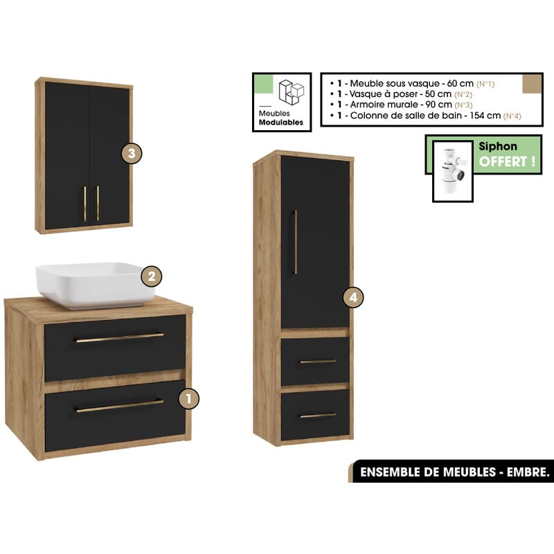 Otitec - Ensemble complet - de salle de bain - Meuble - Armoire - Colonne - Vasque avec Siphon offert embre Noir 60 x 50 x 45 cm