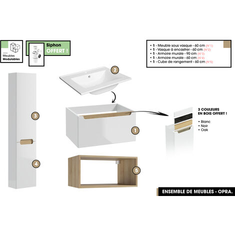 Ensemble complet de salle de bain - Meuble - Armoires - Cube - Vasque à encastrer avec Siphon OFFERT  OPRA  60 x 30 x 45 cm