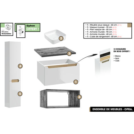 Ensemble complet de salle de bain - Meuble - Armoires - Cube - Vasque à poser avec Siphon OFFERT  OPRA  60 x 30 x 45 cm