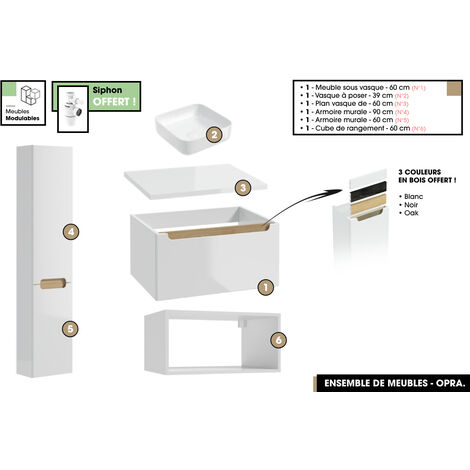 Ensemble complet de salle de bain - Meuble - Armoires - Cube - Vasque à poser avec Siphon OFFERT  OPRA  60 x 30 x 45 cm