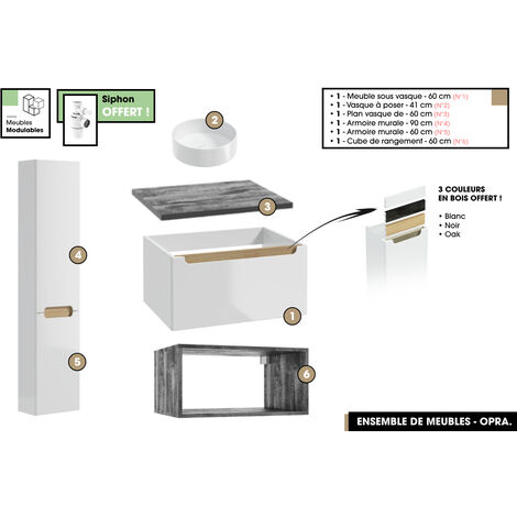 Ensemble complet de salle de bain - Meuble - Armoires - Cube - Vasque à poser avec Siphon OFFERT  OPRA  60 x 30 x 45 cm