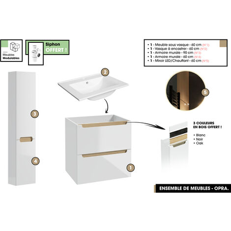 Ensemble complet de salle de bain - Meuble - Armoires - Miroir - Vasque à encastrer avec Siphon OFFERT  OPRA  60 x 60 x 45 cm