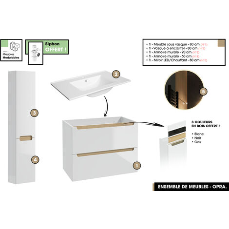 Ensemble complet de salle de bain - Meuble - Armoires - Miroir - Vasque à encastrer avec Siphon OFFERT  OPRA  80 x 60 x 45 cm