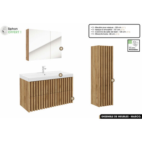 Ensemble complet de salle de bain - Meuble - Colonne - Miroir - Vasque à encastrer avec Siphon OFFERT  MARCO  Oak  100 x 56 x 45 cm