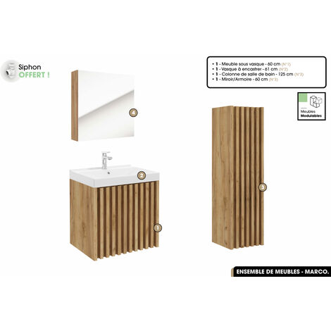 Ensemble complet de salle de bain - Meuble - Colonne - Miroir - Vasque à encastrer avec Siphon OFFERT  MARCO  Oak  60 x 56 x 45 cm