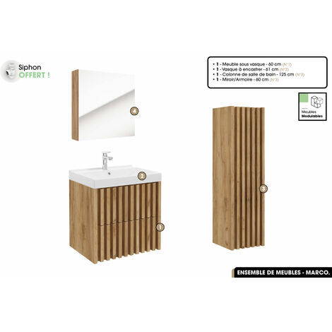 Ensemble complet de salle de bain - Meuble - Colonne - Miroir - Vasque à encastrer avec Siphon OFFERT  MARCO  Oak  60 x 56 x 45 cm