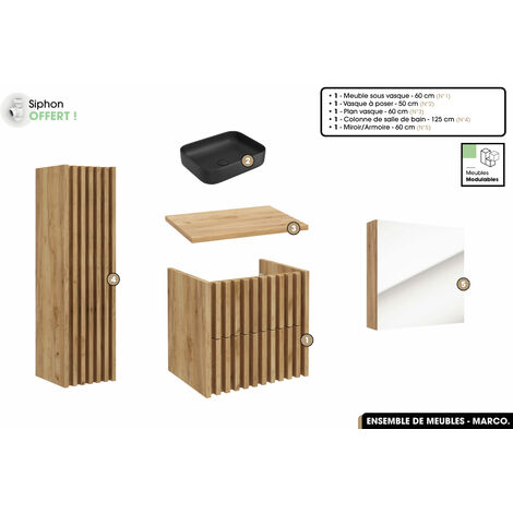 Ensemble complet de salle de bain - Meuble - Colonne - Miroir - Vasque à poser avec Siphon OFFERT  MARCO  Oak  60 x 56 x 45 cm