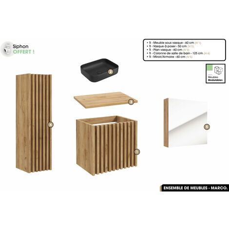 Ensemble complet de salle de bain - Meuble - Colonne - Miroir - Vasque à poser avec Siphon OFFERT  MARCO  Oak  60 x 56 x 45 cm