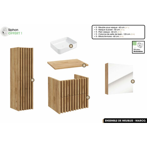 Ensemble complet de salle de bain - Meuble - Colonne - Miroir - Vasque à poser avec Siphon OFFERT  MARCO  Oak  60 x 56 x 45 cm
