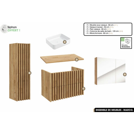 Ensemble complet de salle de bain - Meuble - Colonne - Miroir - Vasque à poser avec Siphon OFFERT  MARCO  Oak  80 x 56 x 45 cm