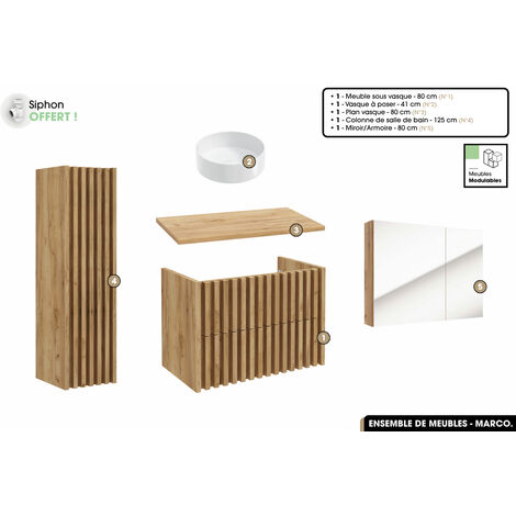 Ensemble complet de salle de bain - Meuble - Colonne - Miroir - Vasque à poser avec Siphon OFFERT  MARCO  Oak  80 x 56 x 45 cm