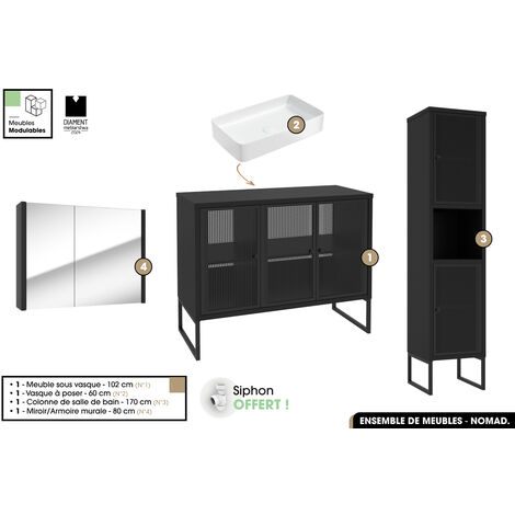 Ensemble complet de salle de bain - Meuble - Colonne - Miroir - Vasque avec Siphon OFFERT  NOMAD  NOIR  102 x 80 x 43 cm