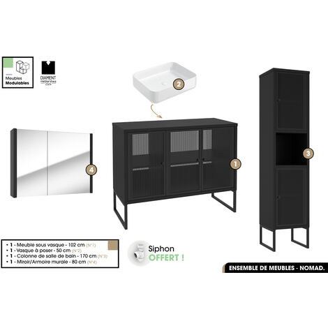 Ensemble complet de salle de bain - Meuble - Colonne - Miroir - Vasque avec Siphon OFFERT  NOMAD  NOIR  102 x 80 x 43 cm